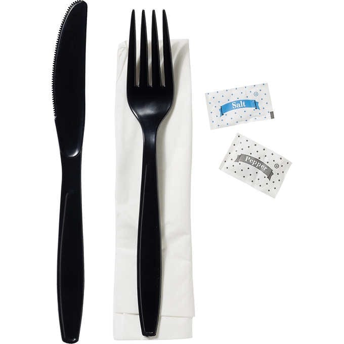Heavy Weight Polystyrene Kit Wrapped Black Knife, Fork, Salt, Pepper