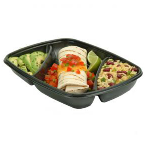 Sabert Black 35 oz. Three-Compartment Large Rectangle Container